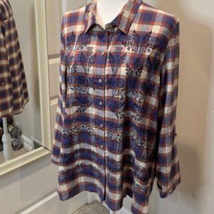 Multiples Roll-Tab Embroidered Linen-Blend Plaid Shirt - PL - NWT!!